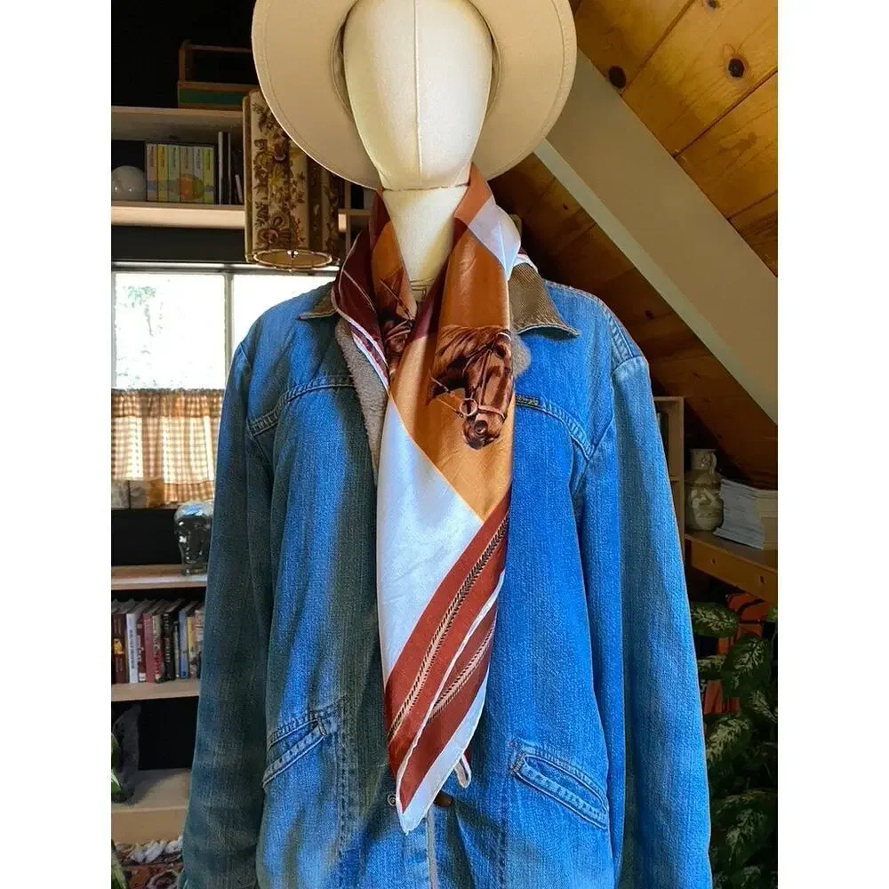 Horse Scarf Orange Rust White Square Large